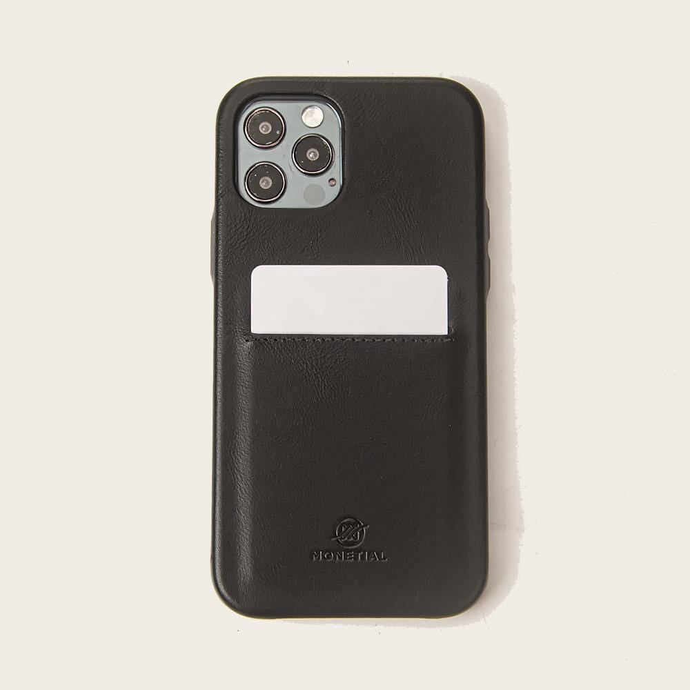 Black Black Premium Leather iPhone Case with Card Holder for iPhone 12 Series | Monetial